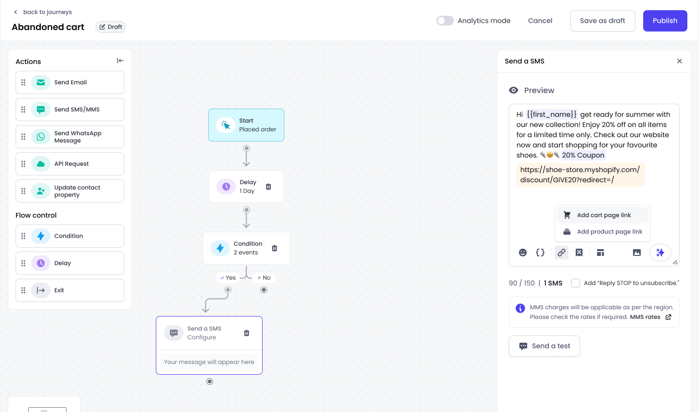 Engage's journey builder for marketing automation with SMS and delay nodes